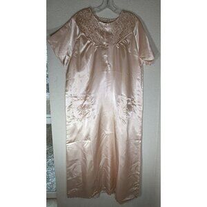 Vintage Night Gown Satiny Jeannie Womens Large Peach Button Front Embroidered
